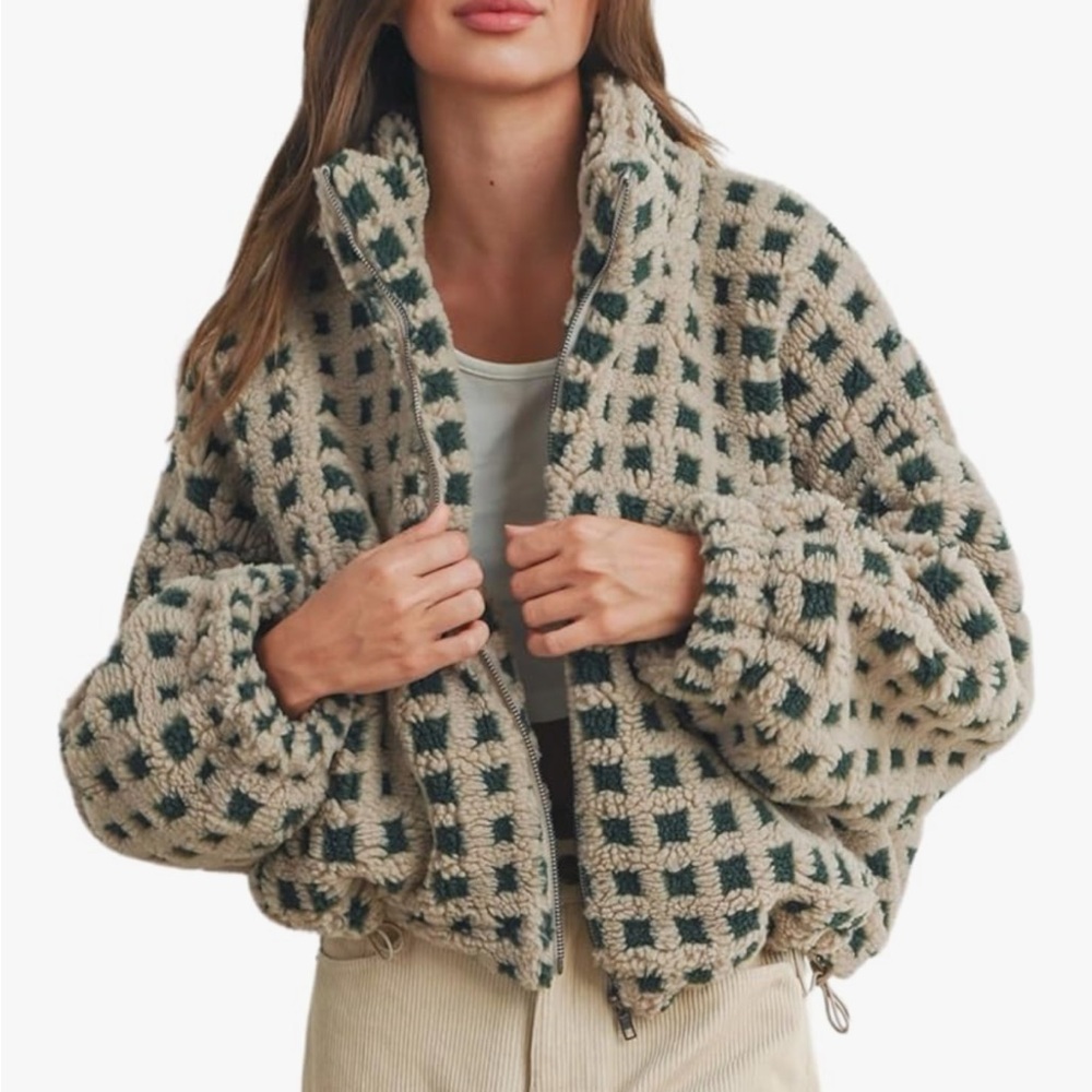Amazon Beige and Dark Green Checkered Sherpa Jacket